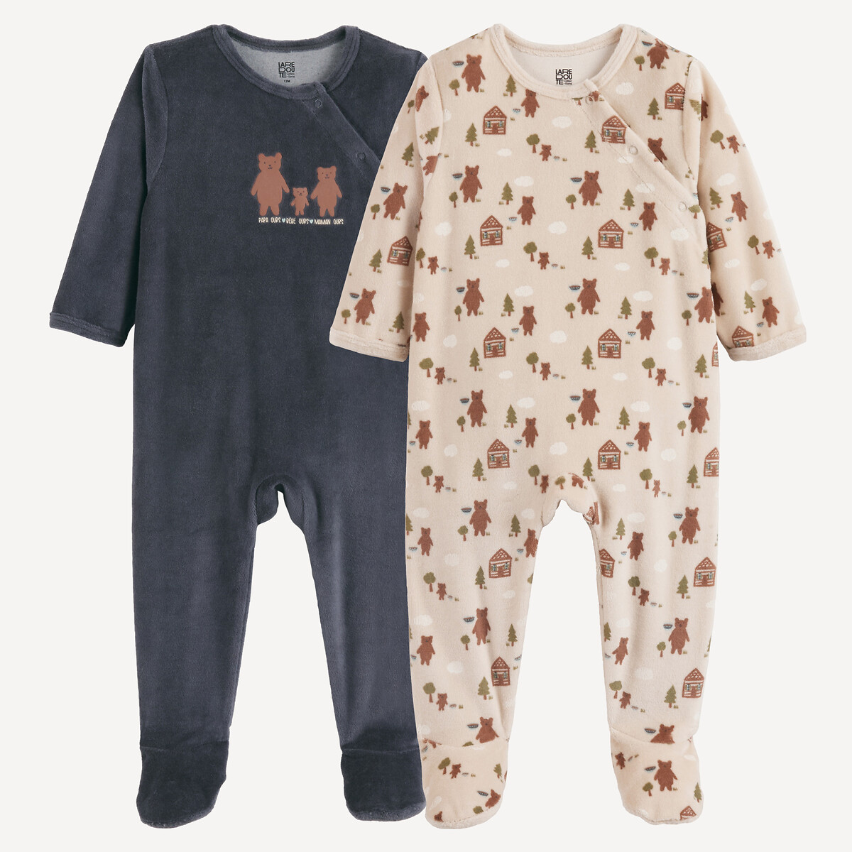 Lot de 2 pyjamas 1 pièce, en velours, motif ours assortis, LA REDOUTE COLLECTIONS