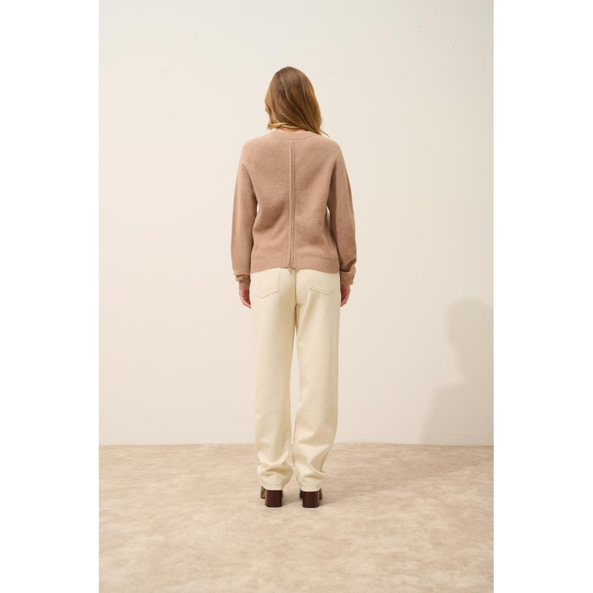 Pull Col Rond Zippé Dos Camel Chiné Jona camel chiné, JUST CASHMERE