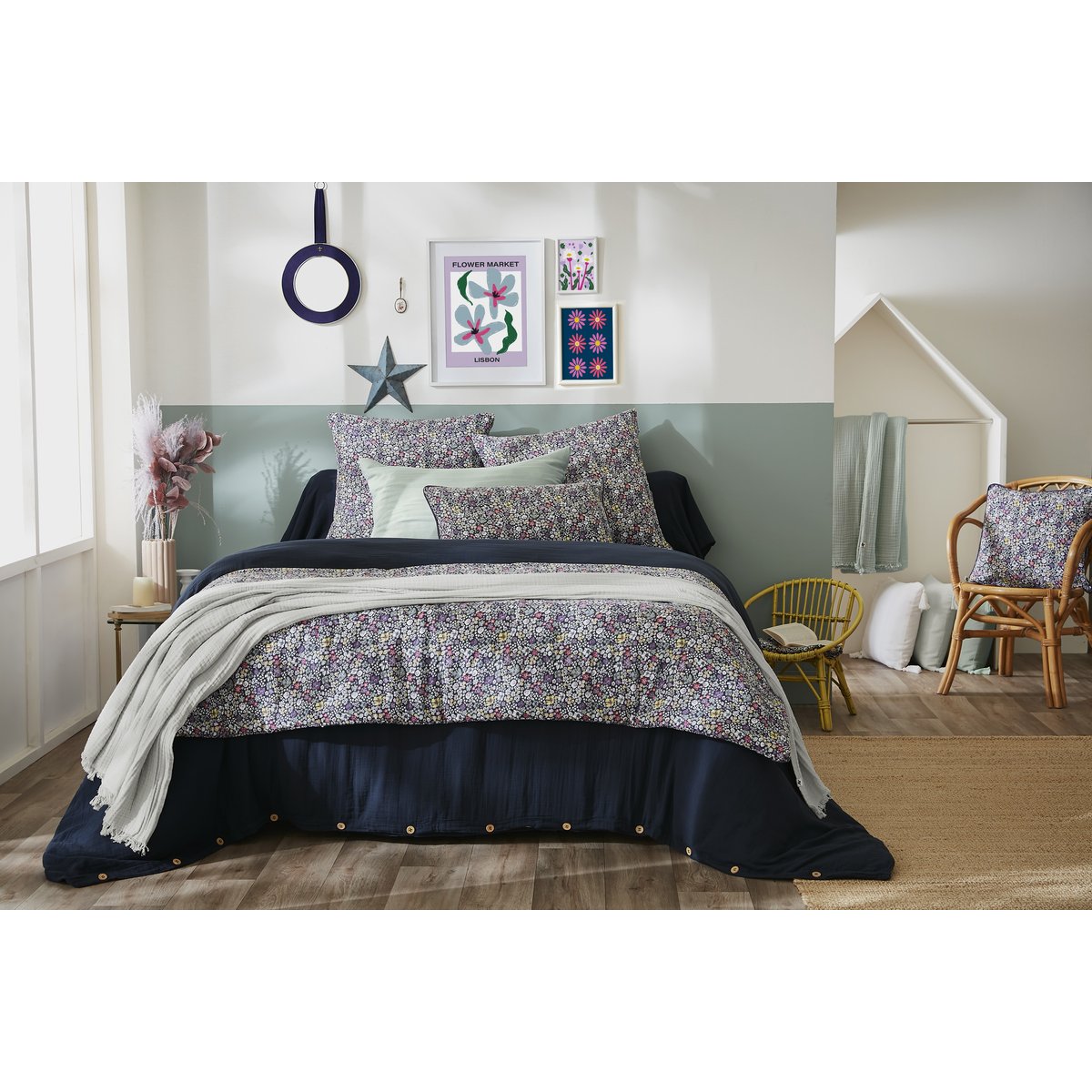 Bout de lit gaze de coton Malia fleuri multicouleur, EDEN