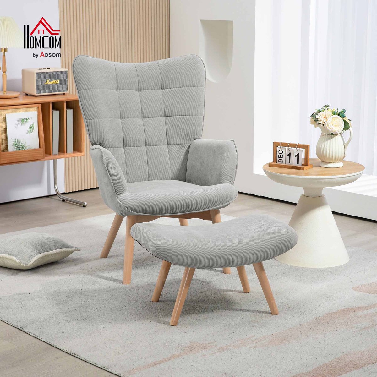 Fauteuil d'appoint avec repose-pieds gris, HOMCOM