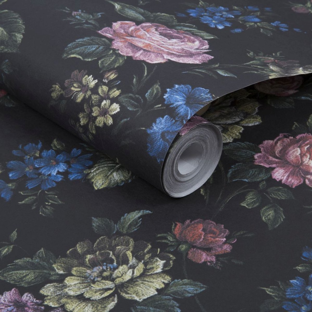 Papier peint Muse fleurs noir, rose, beige, bleu, GRAHAM ET BROWN