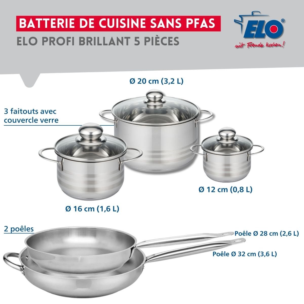 Batterie 2 poêles 28/32cm + 3 faitouts 12/16/20cm PROFI BRILLANT inox, ELO