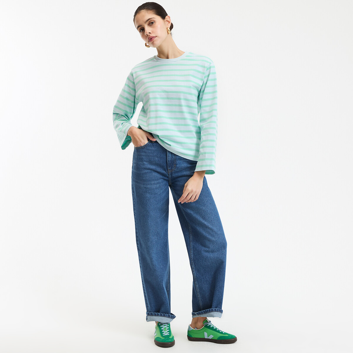 T-shirt rayé, col rond, manches longues rayé bleu vert, LA REDOUTE COLLECTIONS