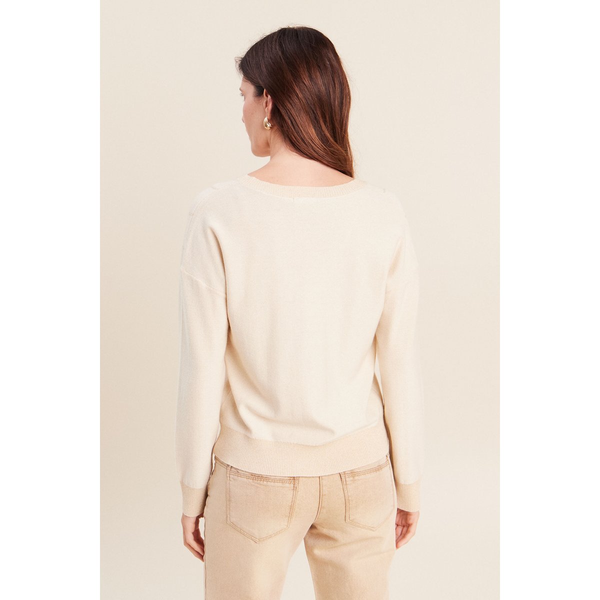 Pull ajusté col v manches longues couleur or, BREAL