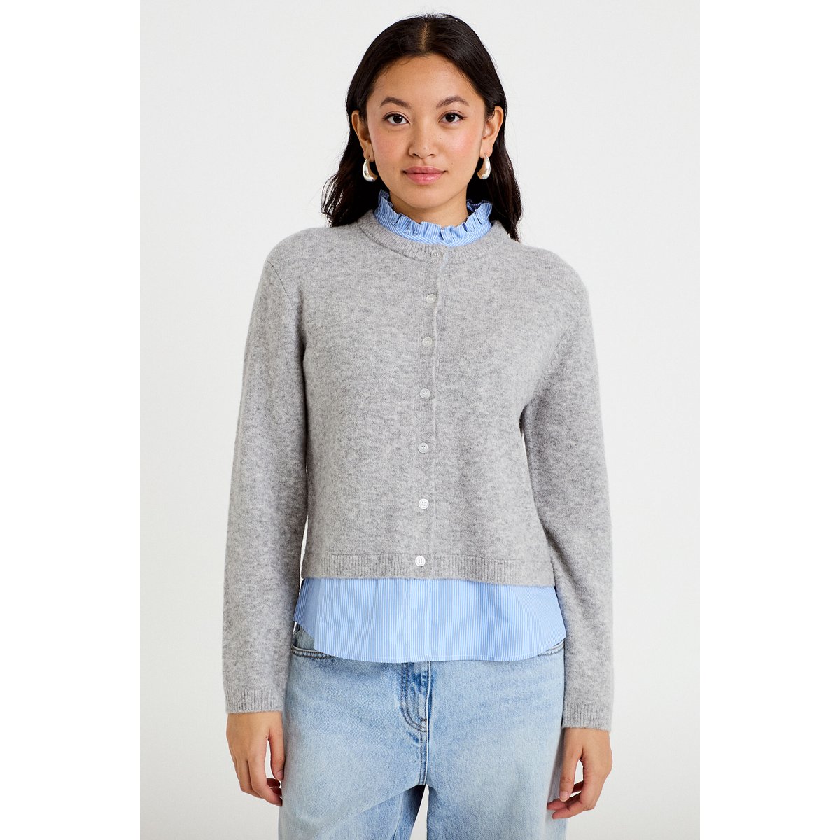 Gilet 2-en-1 col chemise manches longues gris clair, CACHE CACHE