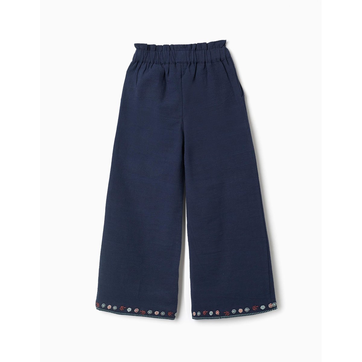 Pantalon en coton à jambe large avec fleurs brodées bleu foncé, ZIPPY