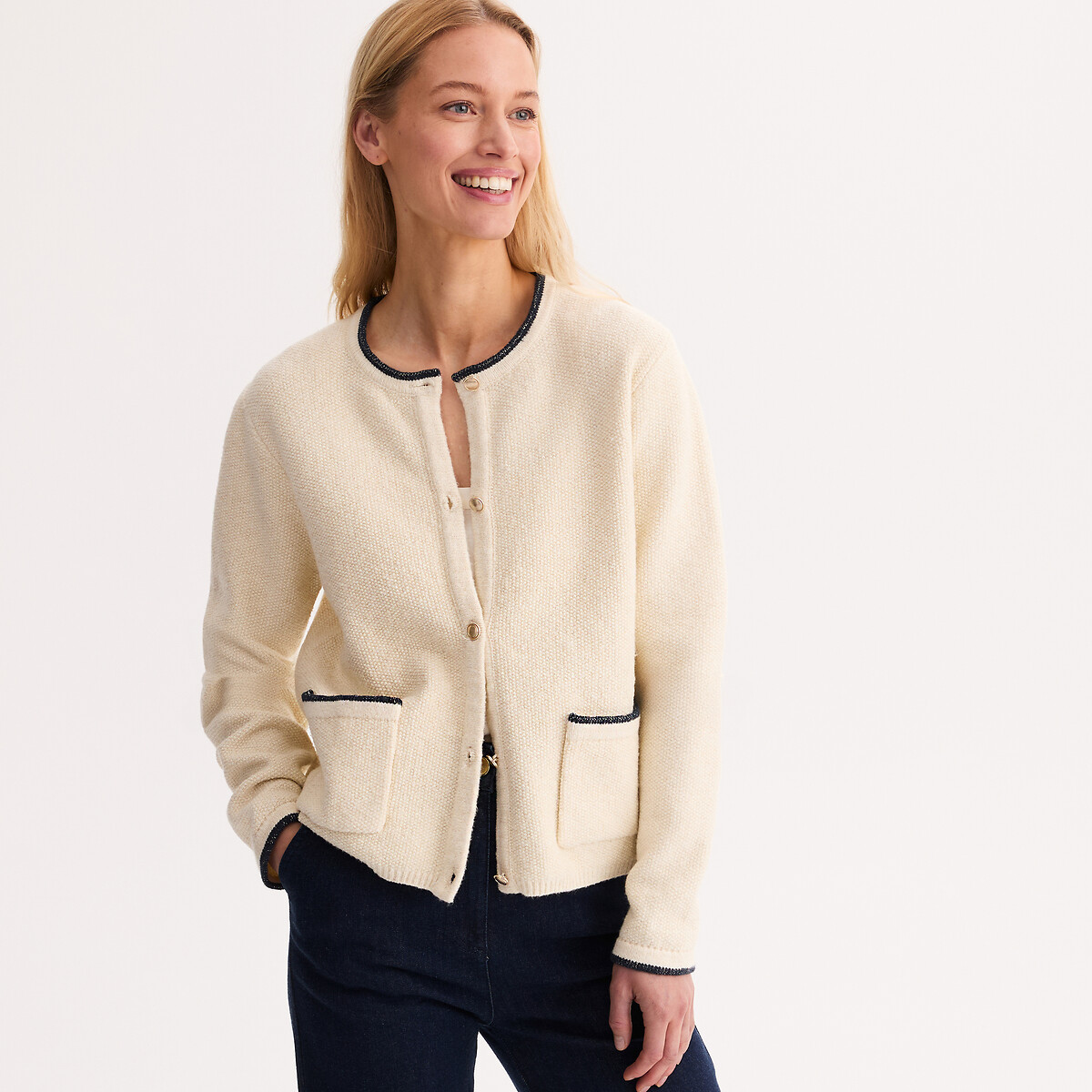 Fine Stretch Knit Contrast Edged Cardigan ecru/navy, ANNE WEYBURN