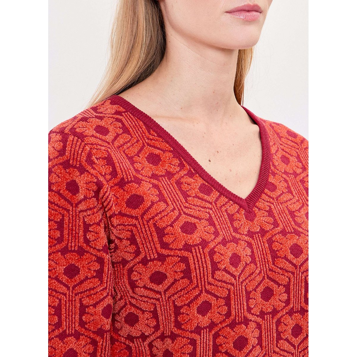 Pull col V maille jacquard ELIODO orange, PRINCESSE NOMADE