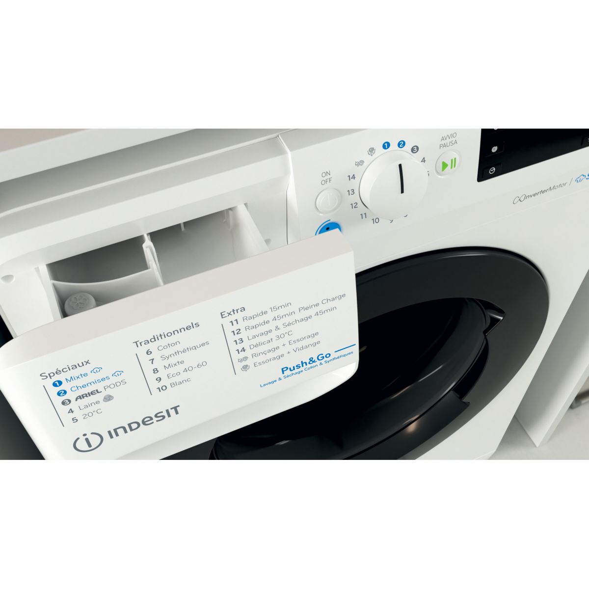 Lave linge séchant hublot BDE96435WKVFR couleur unique, INDESIT