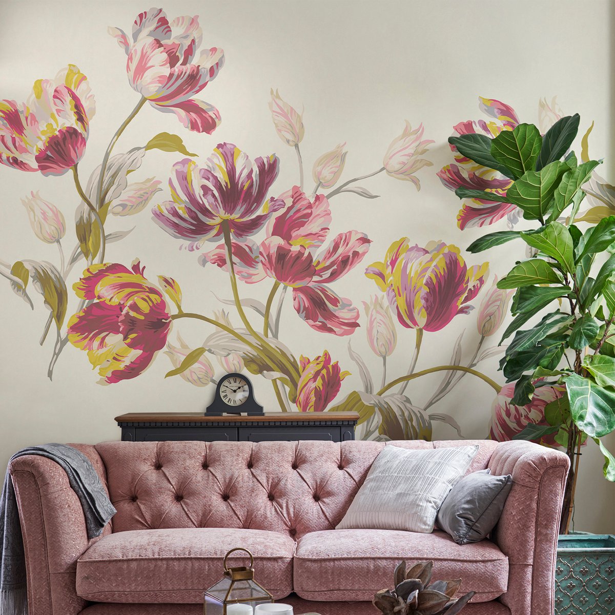 Papier peint panoramique fleuri Tulipes Gosford pourpre, rose, ocre, LAURA ASHLEY