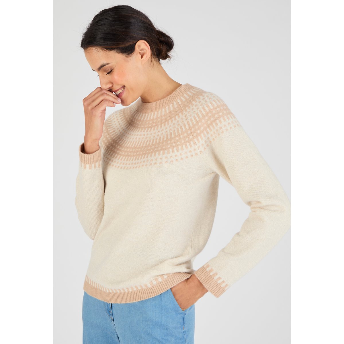Pull jacquard et fils brillants Thermolactyl marron beige, DAMART