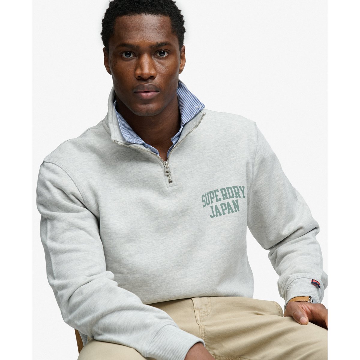 Sweatshirt Demi-Zip Athletic Essentials gris chiné cadet, SUPERDRY