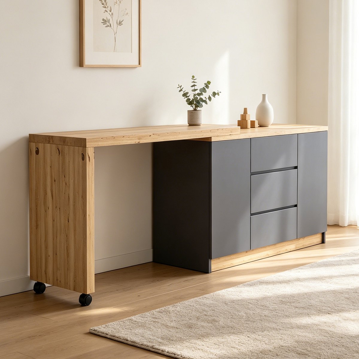 Bureau d’angle rotatif multifonction avec rangement intégré, DICCPERA gris, MEUBLES COSY