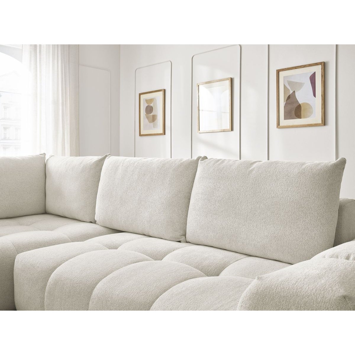 Canapé d'angle convertible 3 places en tissu chiné, EVEREST blanc, BOBOCHIC