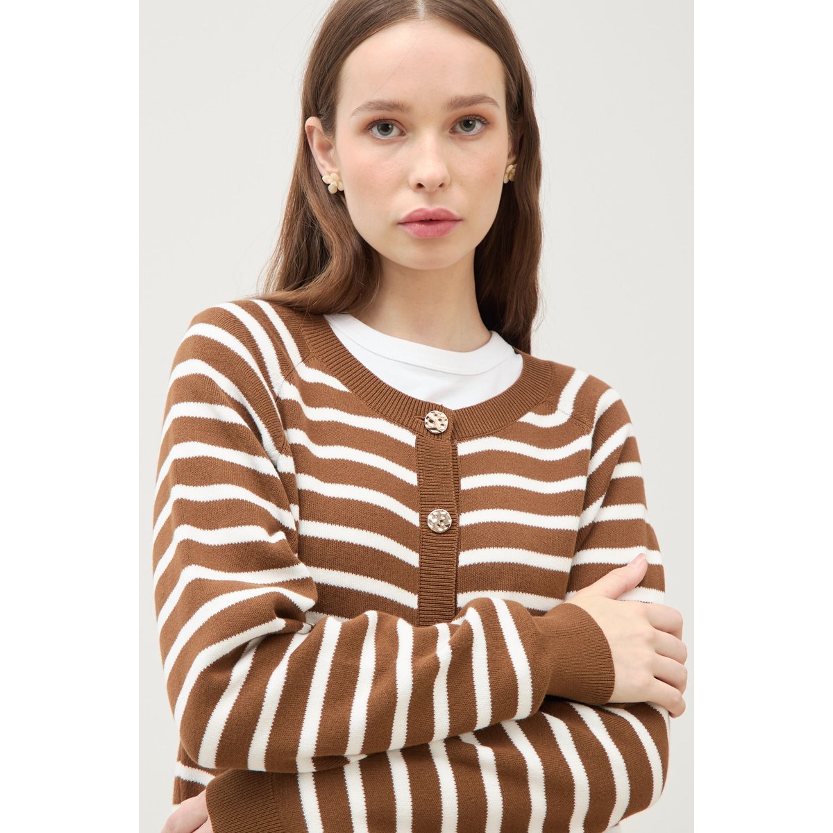 Gilet manches longues col rond en coton marron, BONOBO