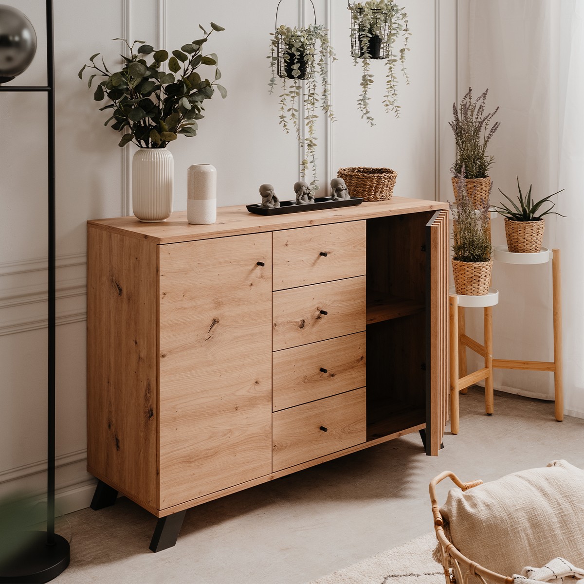 Buffet 2 portes et 4 tiroirs décor chêne artisan L118 cm - LUBLIN bois clair, CALICOSY