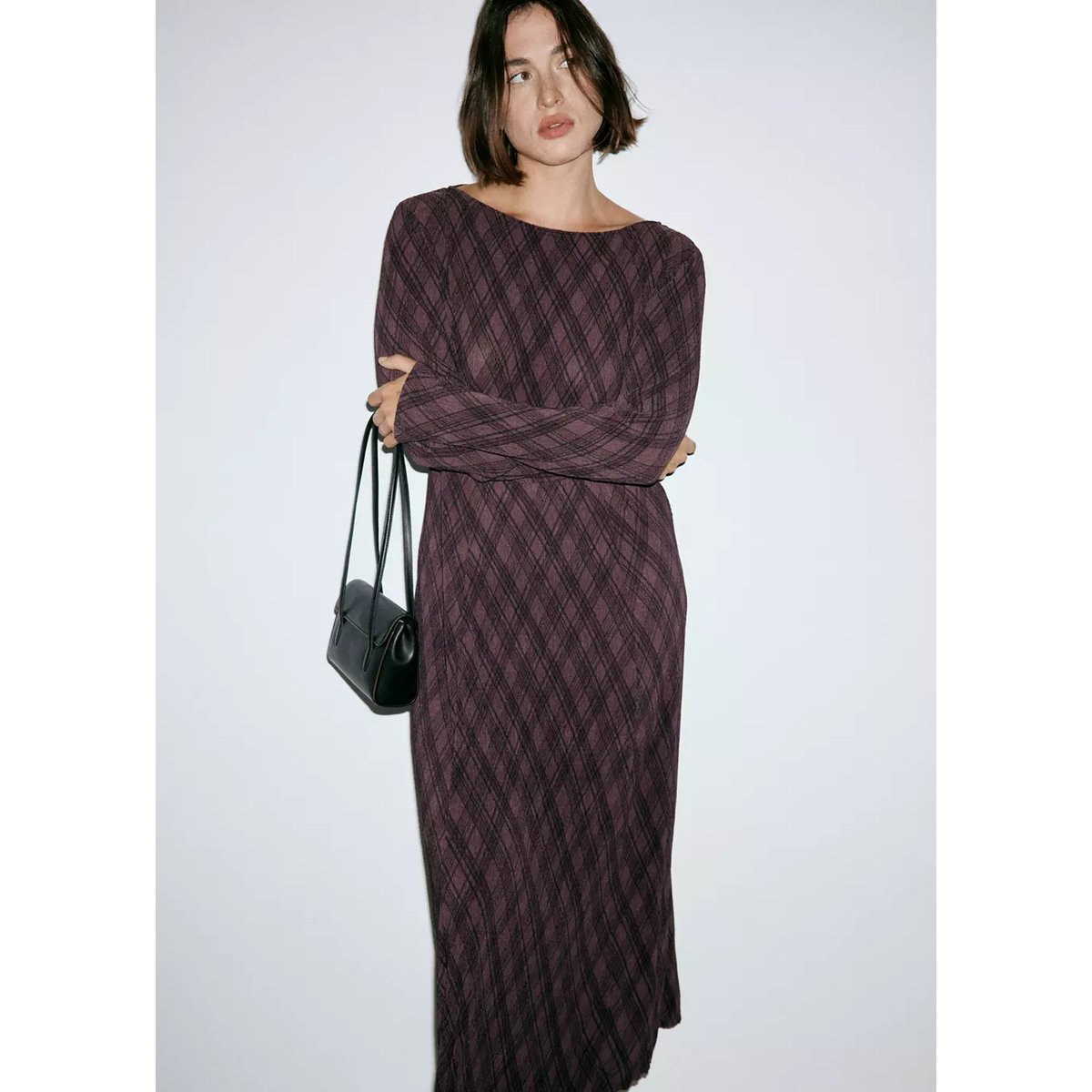 Robe manches longues carreaux marron, MANGO