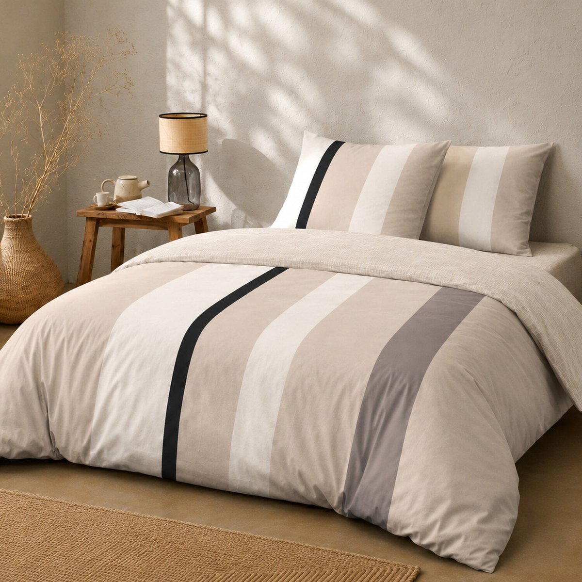 Parure de lit en coton rayures beige, CALLY multicolore, C DESIGN HOME TEXTILE