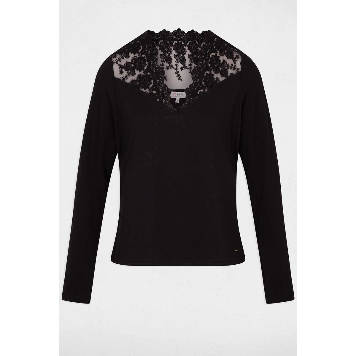 T-shirt col V, en dentelle noir, MORGAN