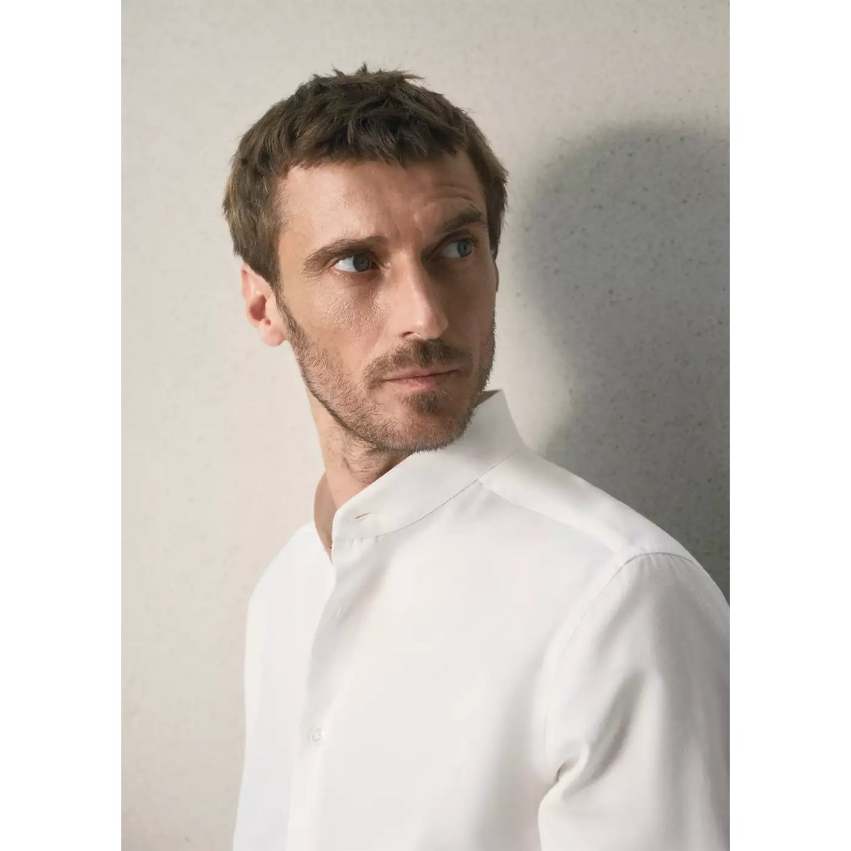 Chemise en coton à col mao slim fit blanc, MANGO MAN