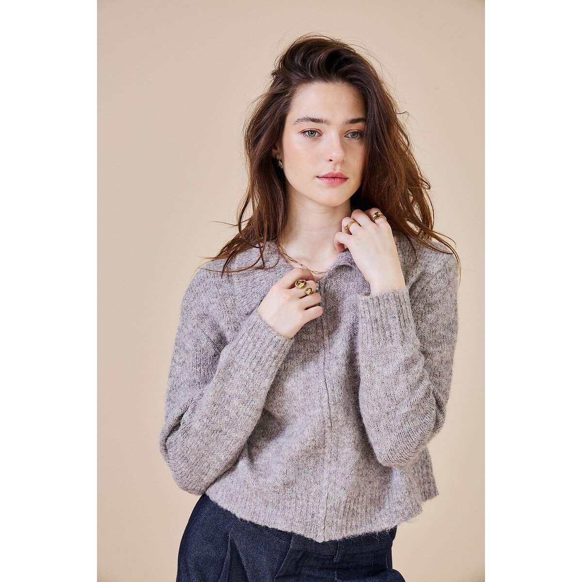 Zip-Up Cardigan with Polo Collar camel, SEE U SOON