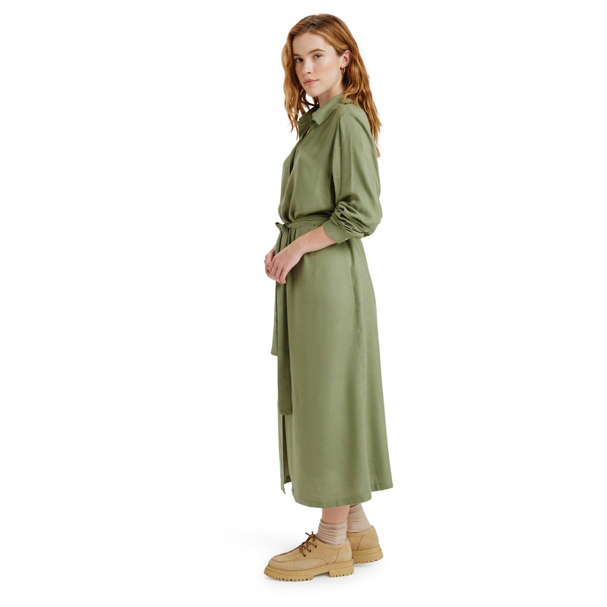 Robe midi à col et manches longues boutonnées sur le devant ISLAND ESCAPE SOLID. vert oil green, ROXY
