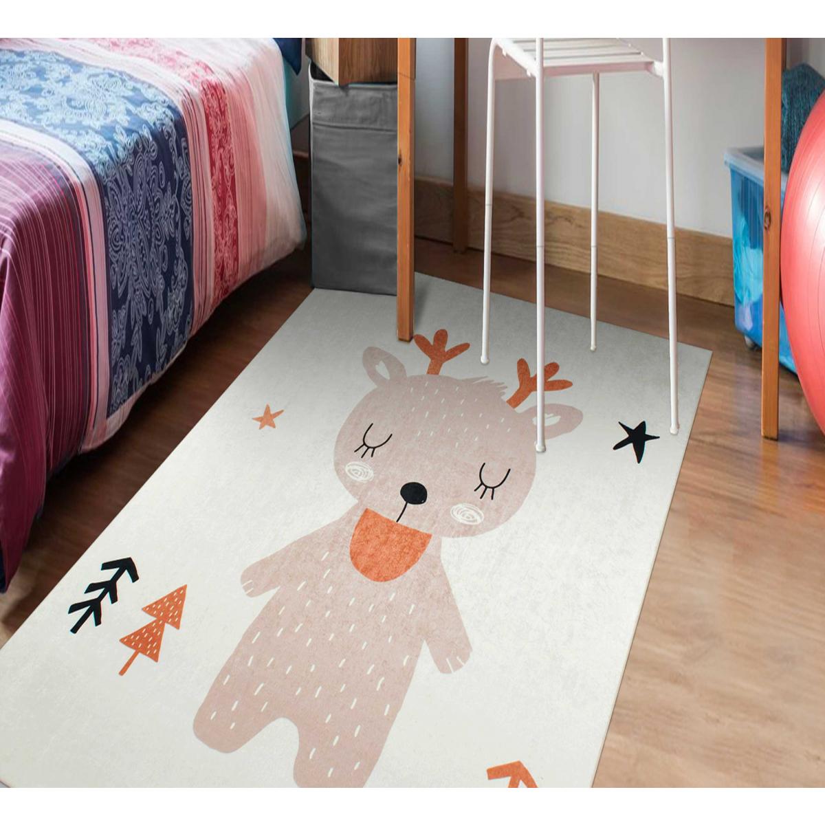 Tapis enfant tissé motif animaux RENNE marron, UN AMOUR DE TAPIS