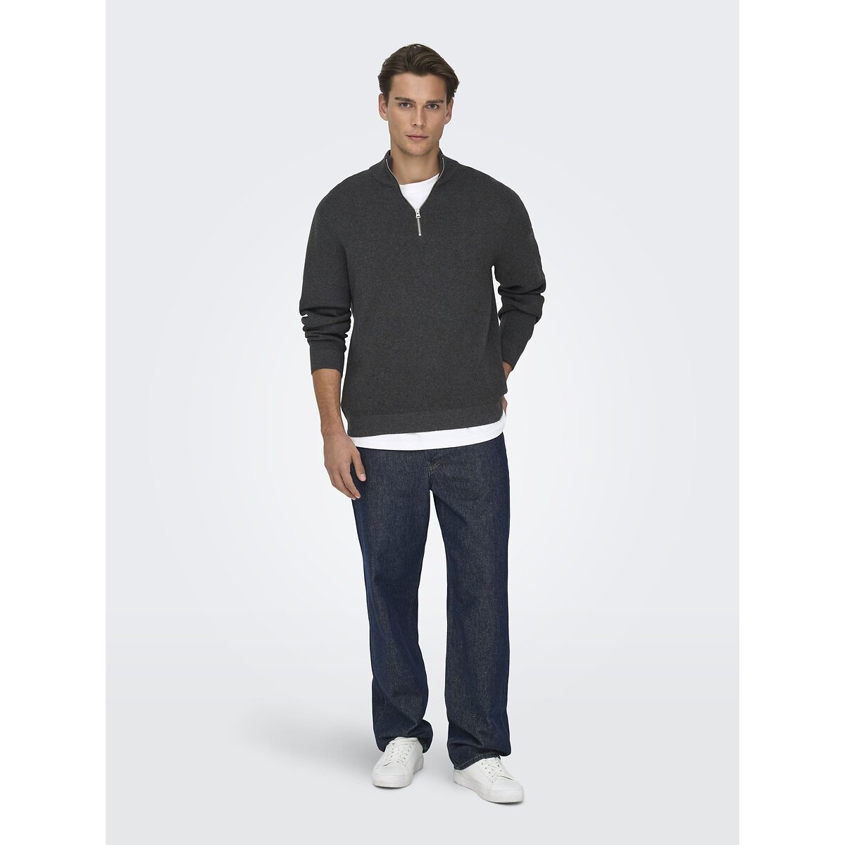 Pull col montant zippé, droit gris anthracite, ONLY & SONS
