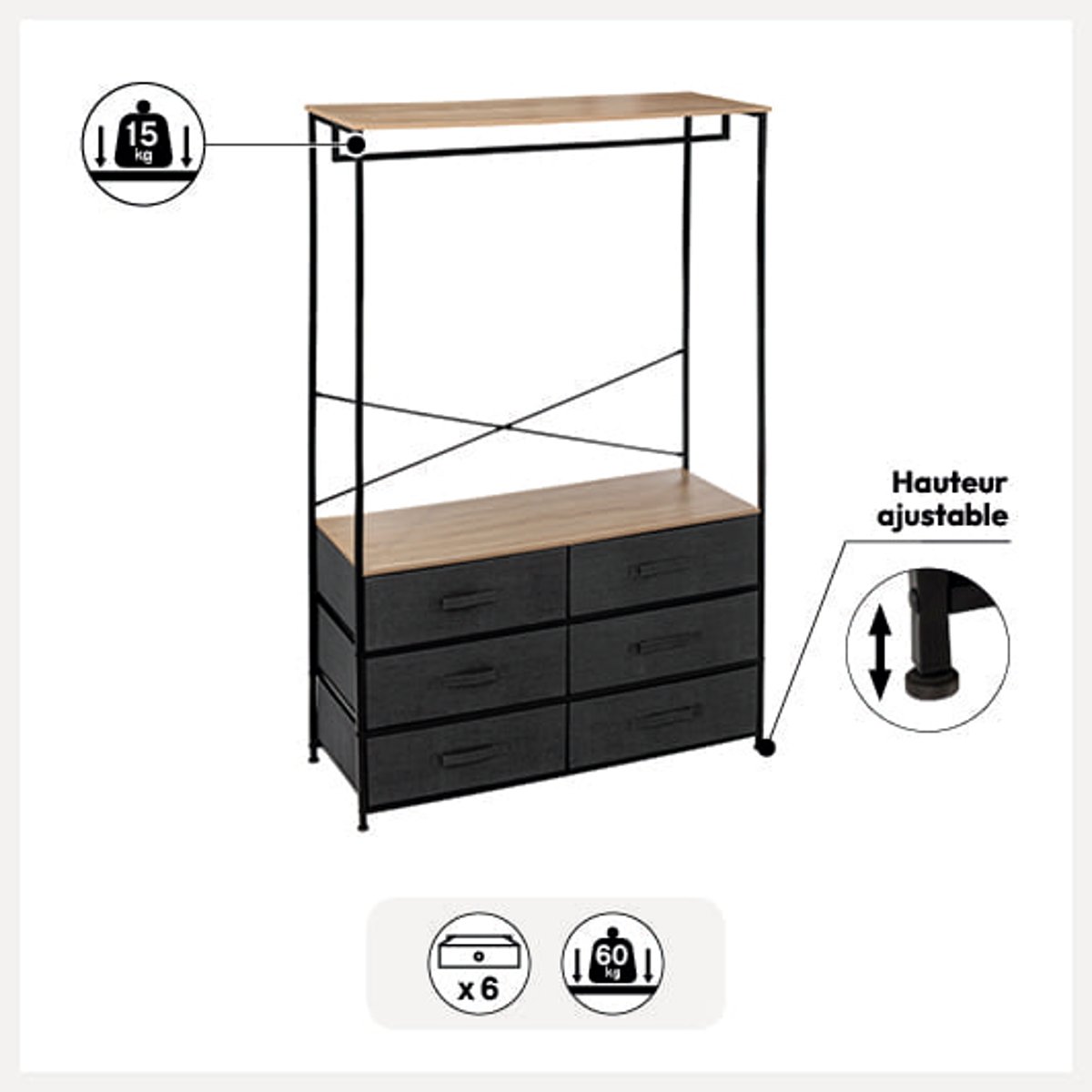 Dressing penderie 6 tiroirs TISSA gris, 5FIVE SIMPLY SMART