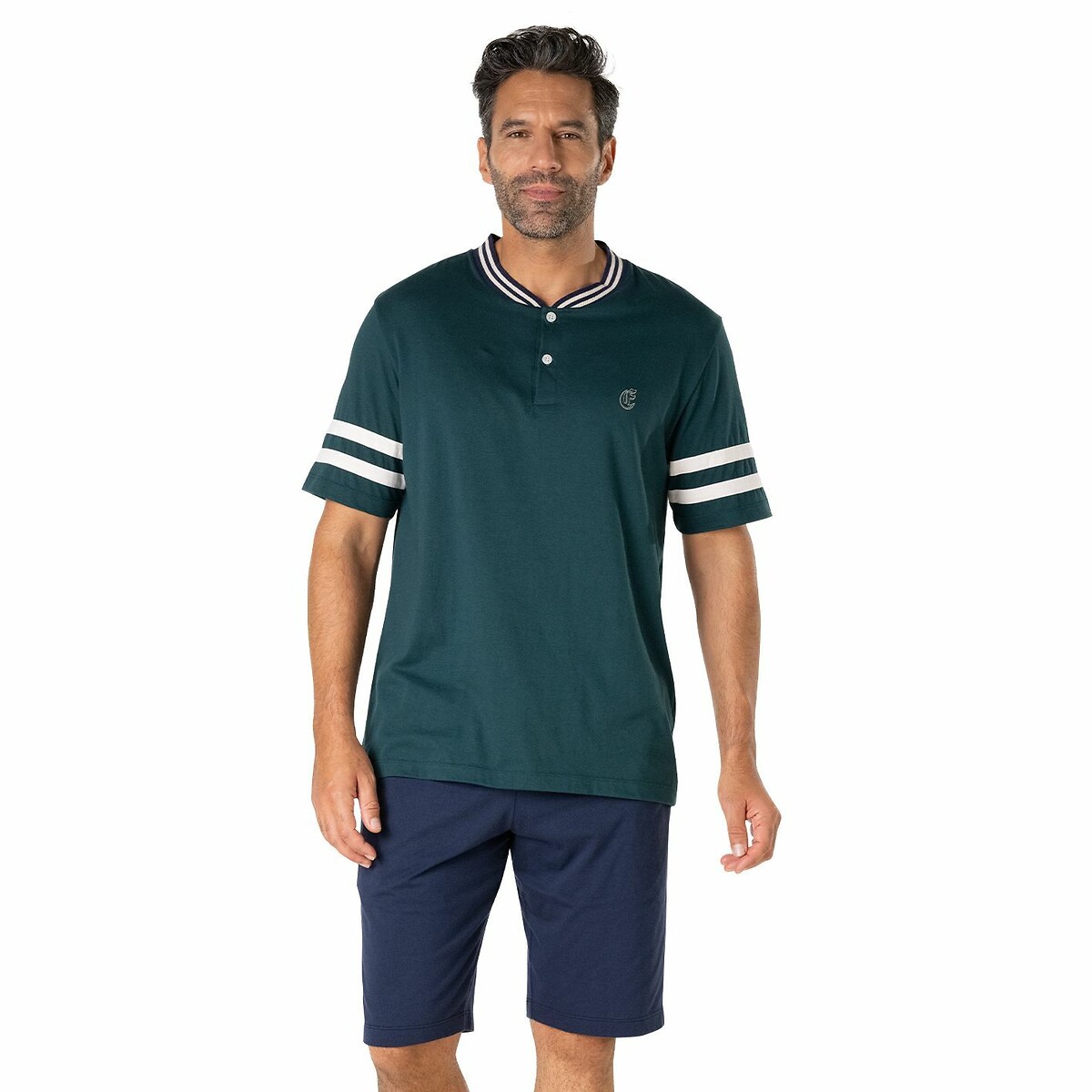 Pyjama en coton avec broderie et col tricoté bleu/vert, EMINENCE