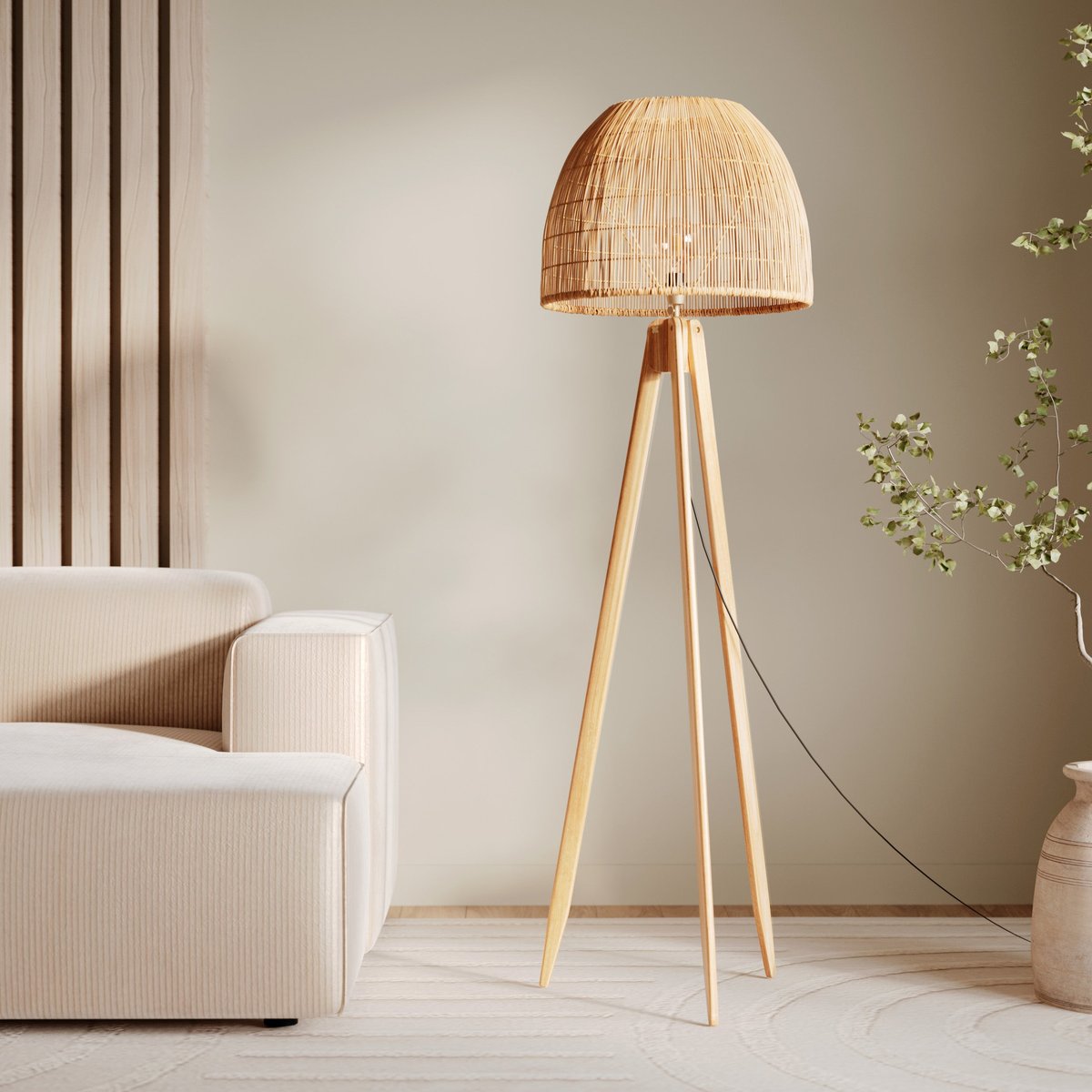Lampadaire trépied en rotin de teck massif - CORTE beige, MAISON PAVANE