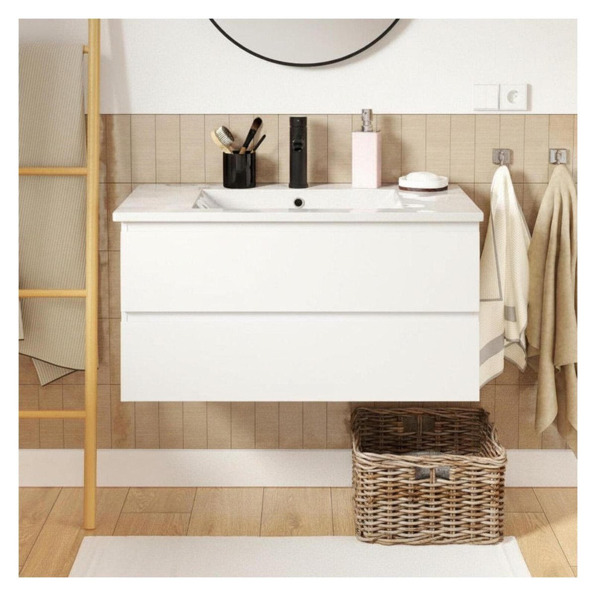 Meuble simple vasque 80cm décor chêne avec vasque et robinet SORRENTO blanc satiné, MOB IN