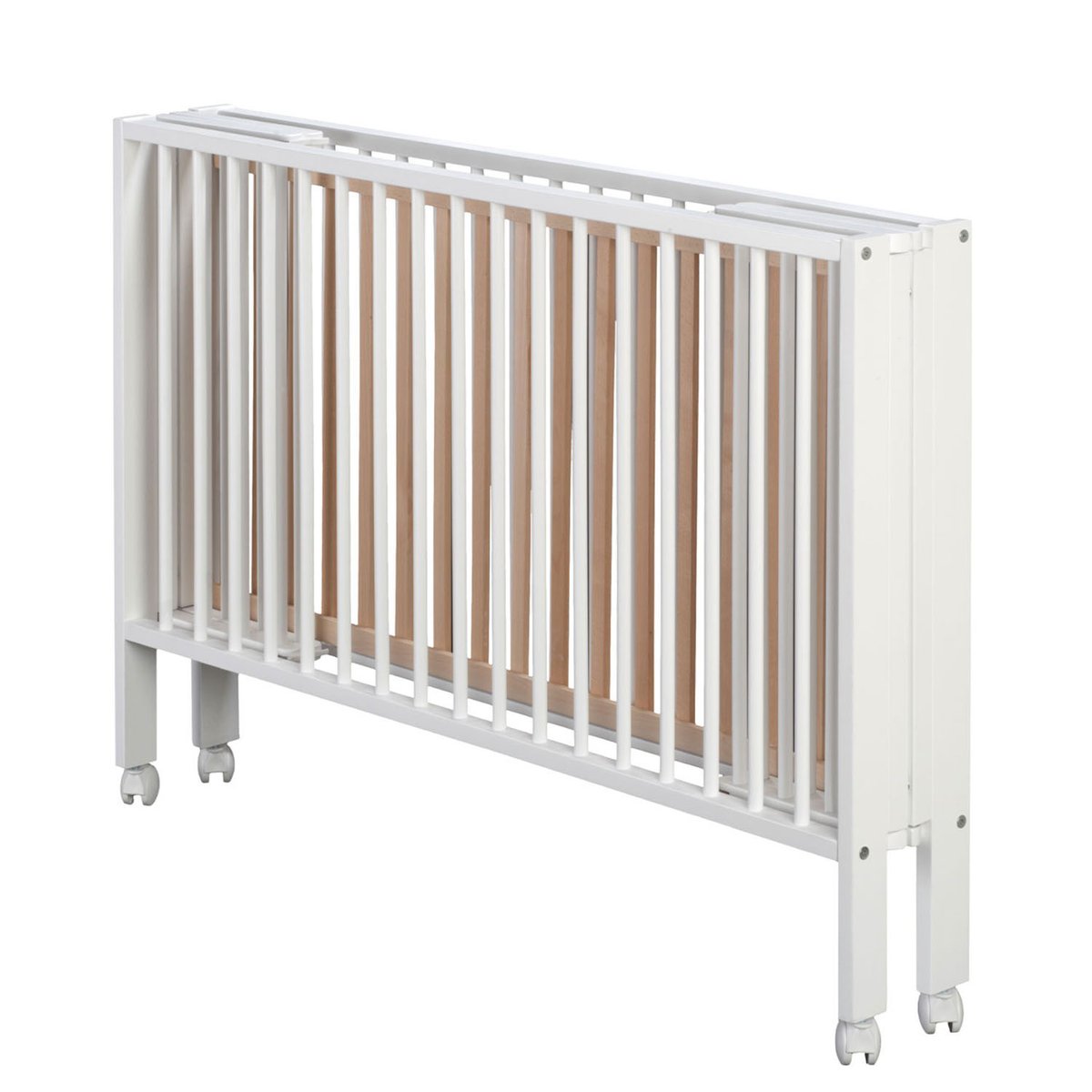 Lit pour enfant à barreaux pliable 60x120 cm avec matelas, Bois naturel blanc, TISSI
