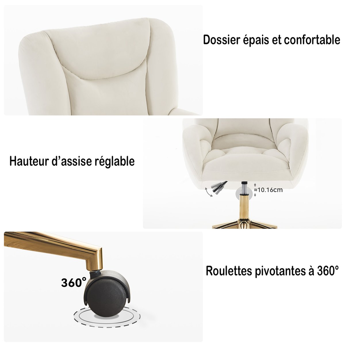 Chaise de bureau en velours réglable et pivotante, ROSSIE blanc, MEUBLES COSY