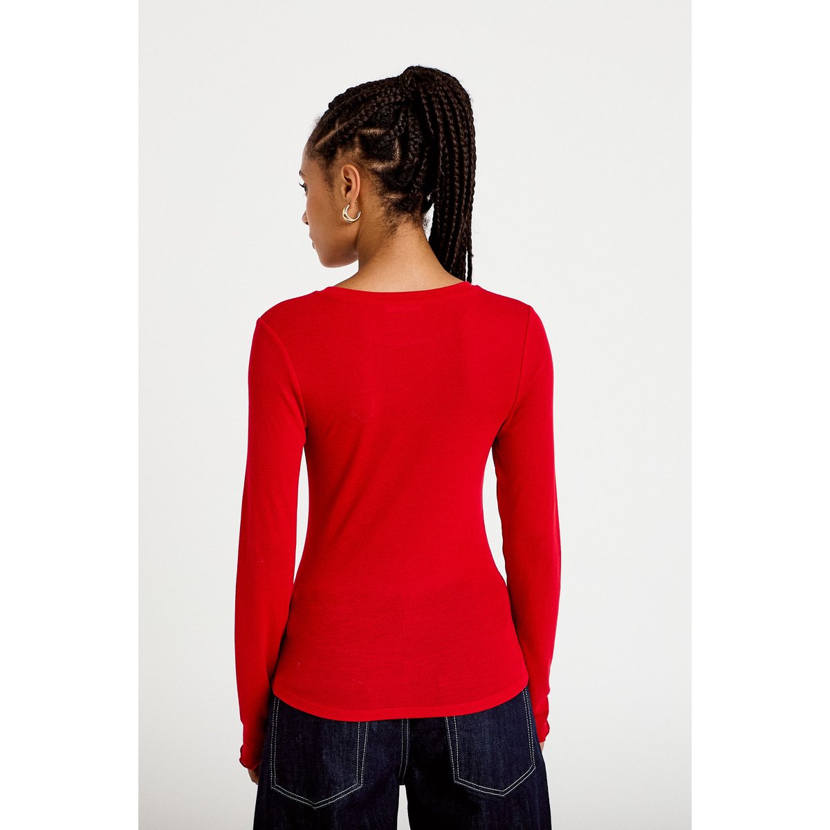 T-shirt ajusté col rond manches longues rouge, CACHE CACHE