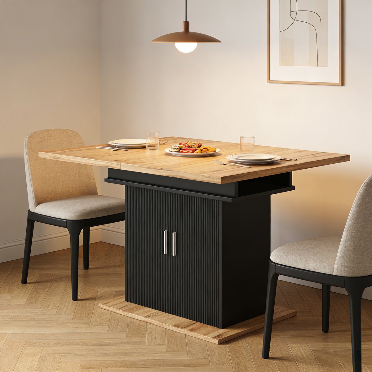 Table à manger extensible à allonge papillon intégrée, ZARAE chêne, MEUBLES COSY
