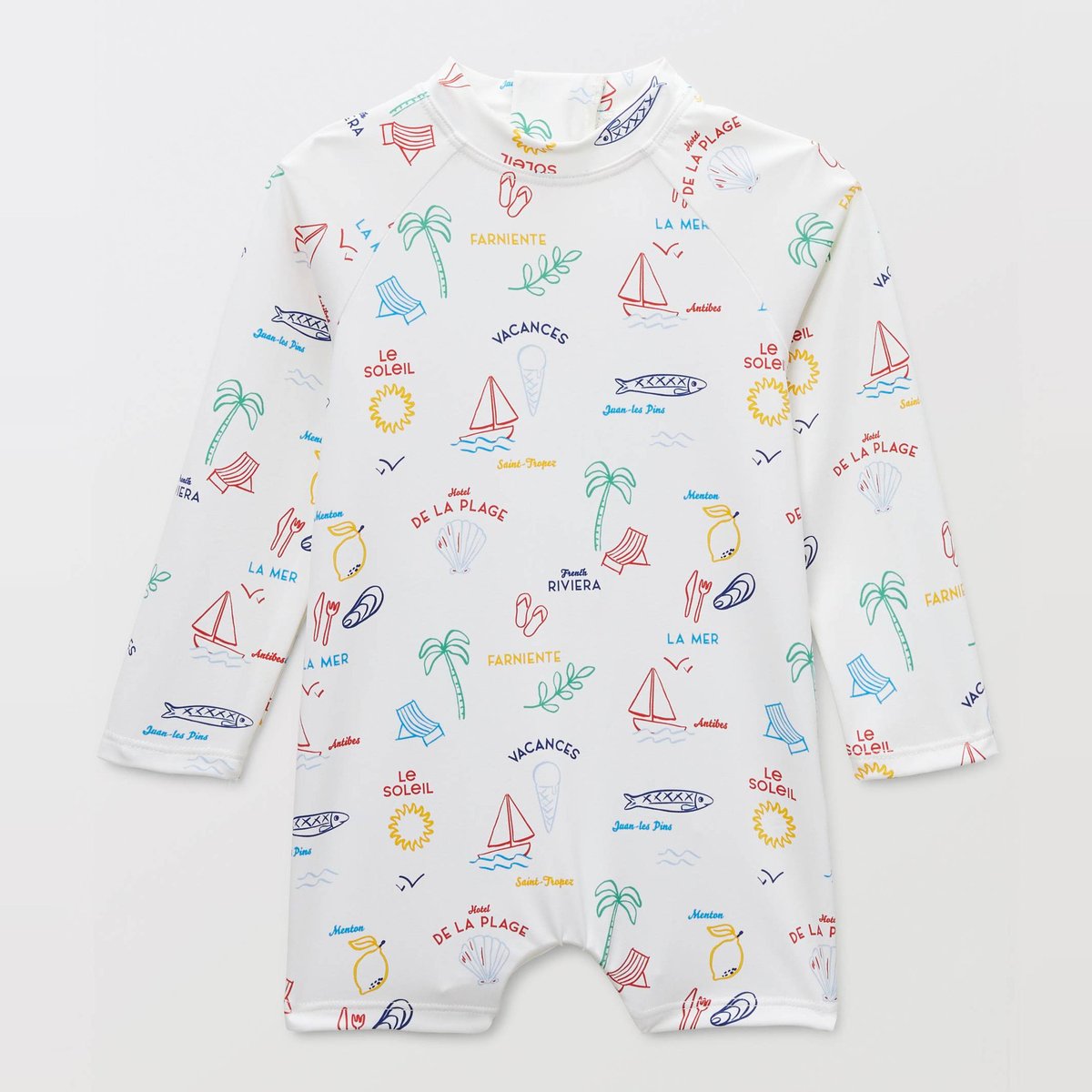 Maillot de bain combinaison manches longues anti-UV imprimé ecru, BOUT'CHOU