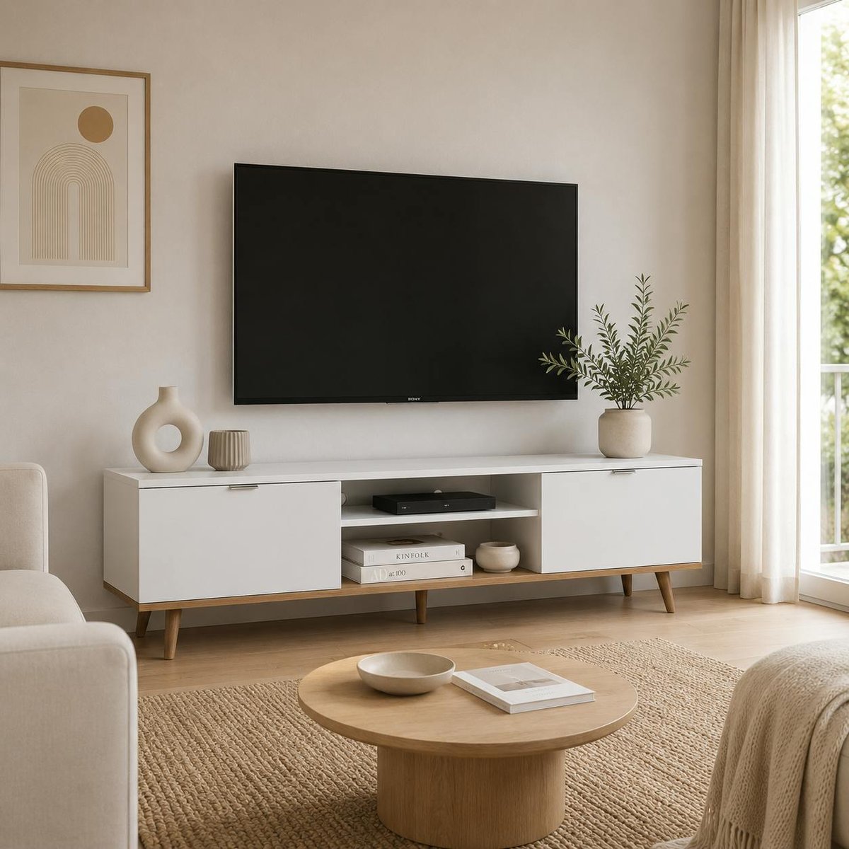 Meuble TV blanc 2 portes style scandinave ALVA blanc, PIER IMPORT