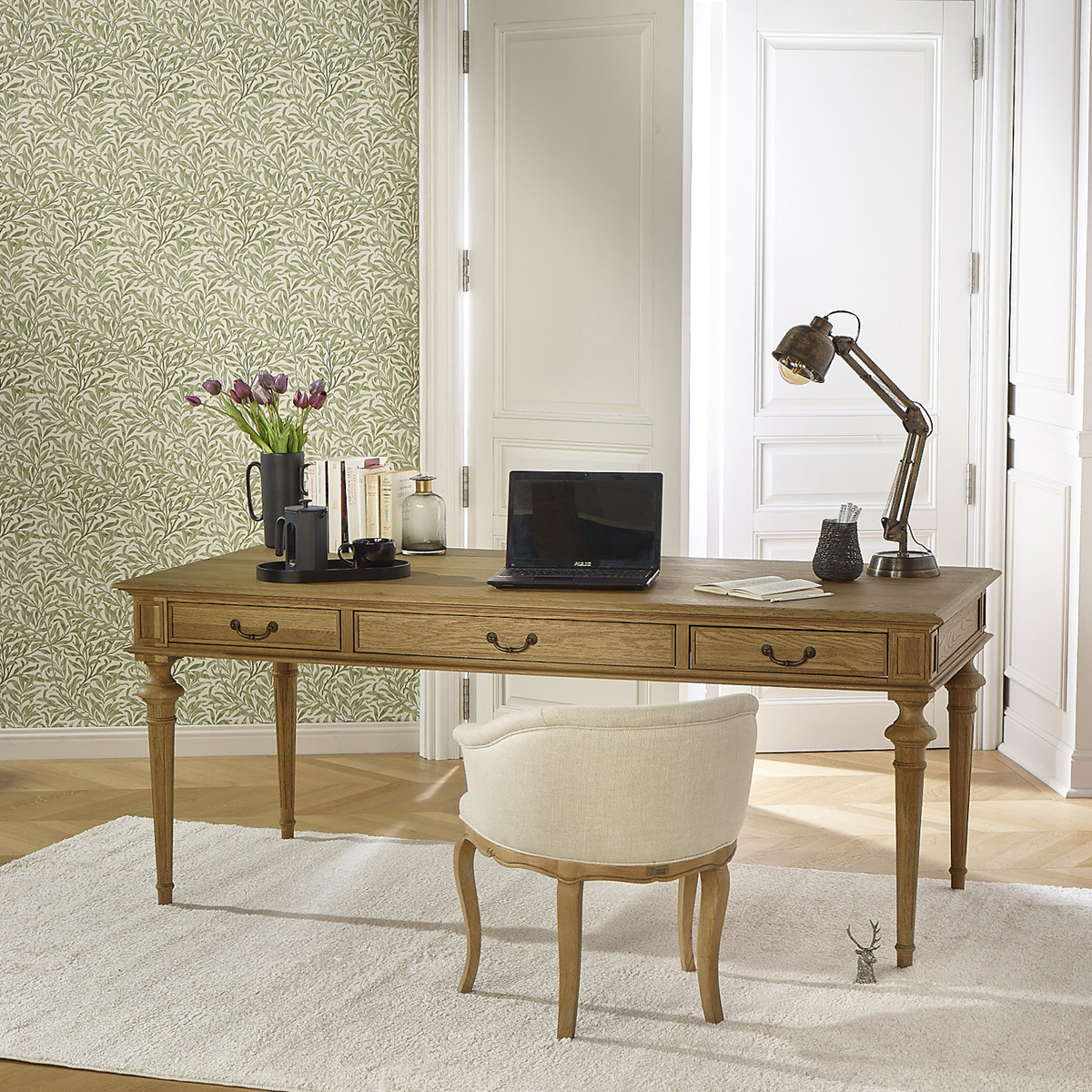 Bureau style shabby chic, plateau en chêne, 3 tiroirs MEGHAN marron, ROBIN DES BOIS