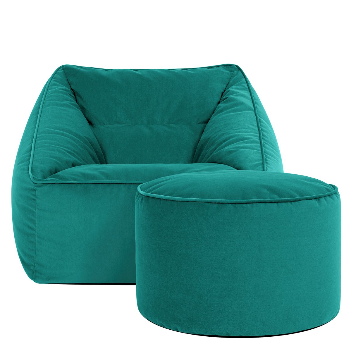 Pouf fauteuil salon et son repose-pied rond en velours mat Oeko-Tex® - NATALIA bleu canard, ICON