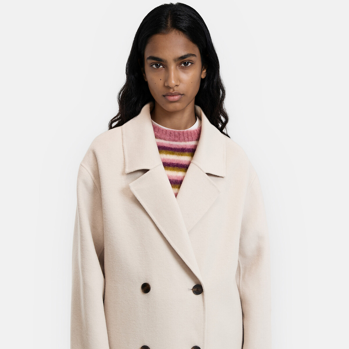 Abrigo oversize cruzado de confección artesanal en mezcla de lana beige jaspeado, LA REDOUTE COLLECTIONS