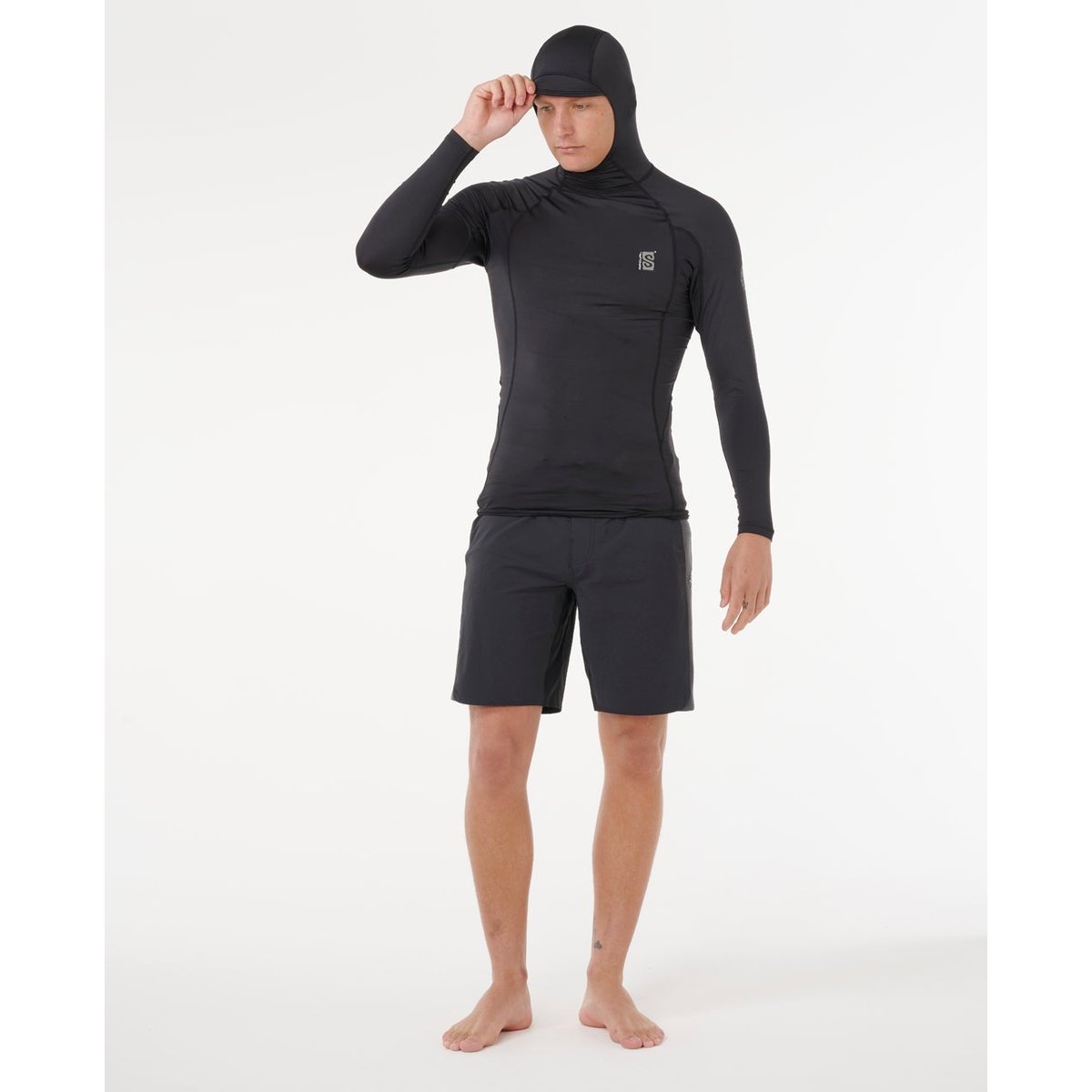 T-shirt anti-UV SEARCH UPF50 Performance capuche manches longues noir, RIP CURL