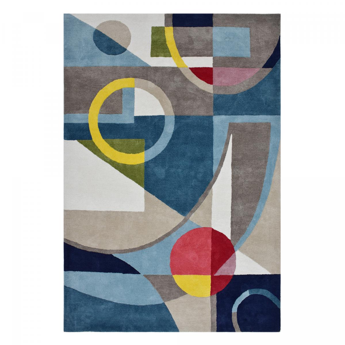 Tapis salon et chambre fait à la main en coton BIO CONTEMPORAIN bleu, gris, rouge, jaune, UN AMOUR DE TAPIS