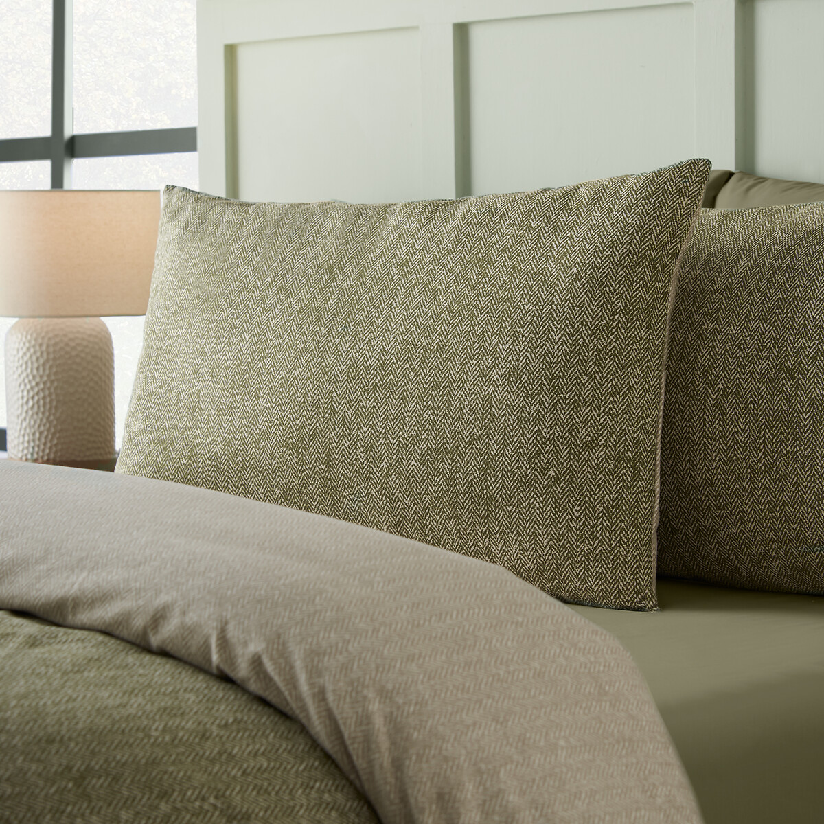 Brushed Herringbone Cotton Reversible Duvet Cover Set green, CATHERINE LANSFIELD