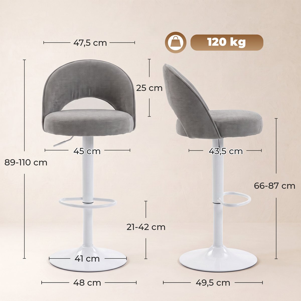 Tabouret de bar Chenille (100 % polyester) gris, noir, HOMCOM