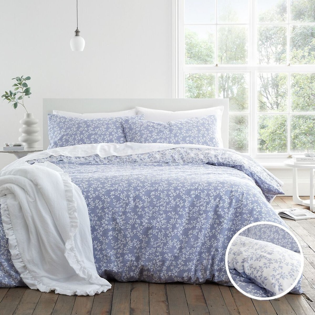 Shadow Leaves 100% Cotton Duvet Cover and Pillowcase Set light blue, BIANCA FINE LINENS