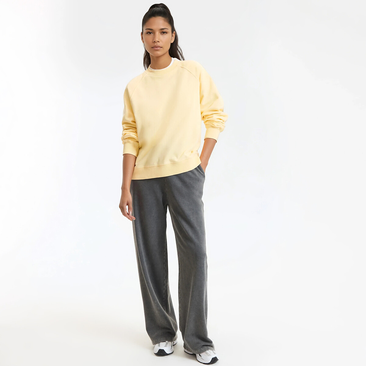 Sweat col rond, en coton, effet délavé jaune, LA REDOUTE COLLECTIONS
