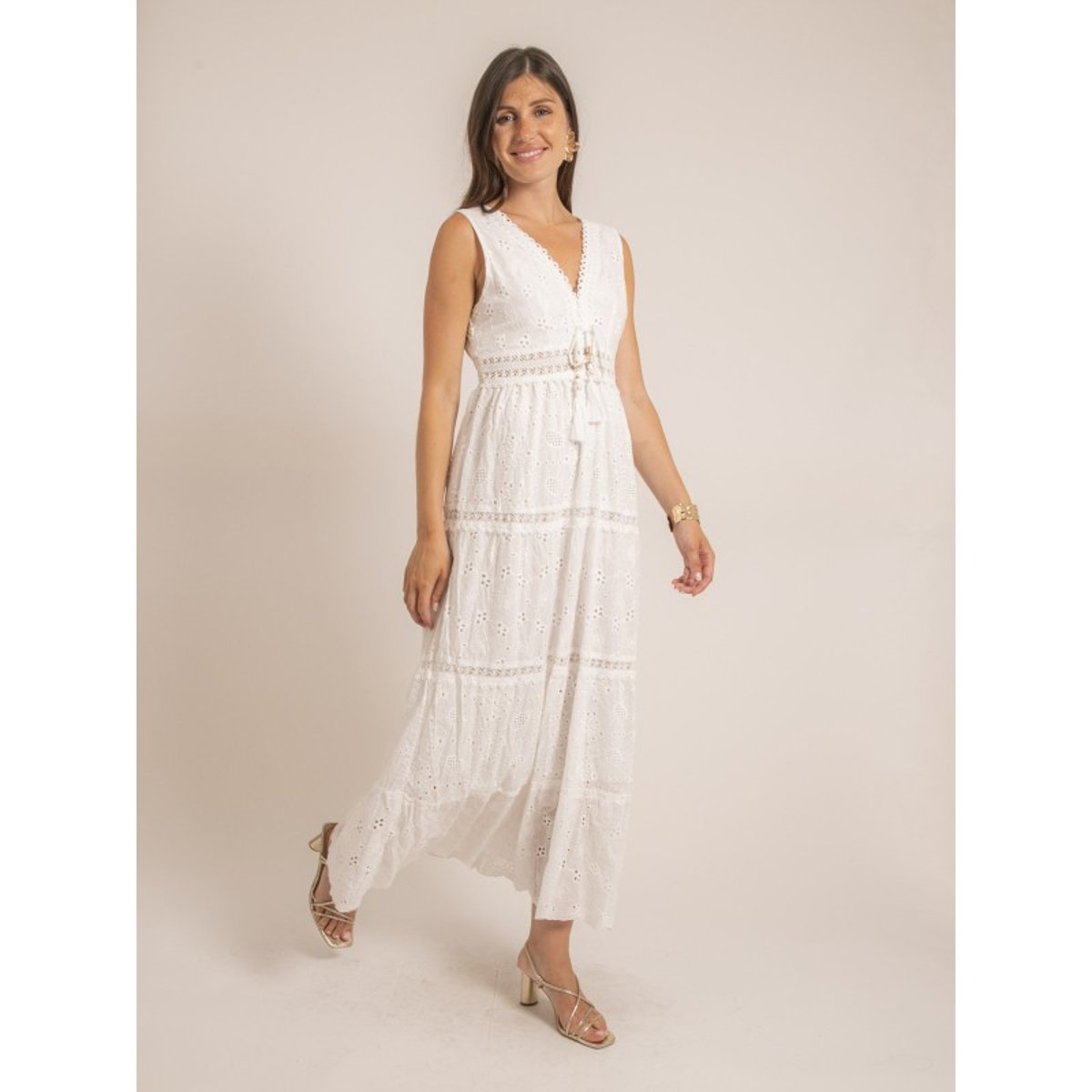 Robe Longue Broderies Anglaises Ipane blanc, DONA LISA