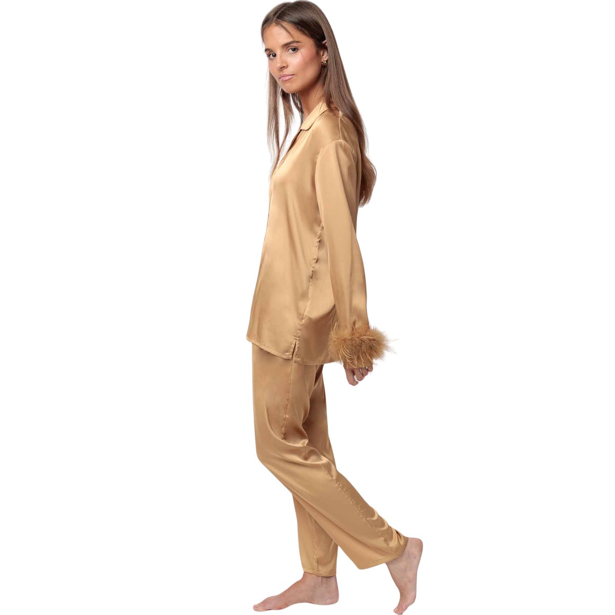 Pyjama satin chemise et pantalon plumes amovibles Plumas Marabu Luxe or, ADMAS
