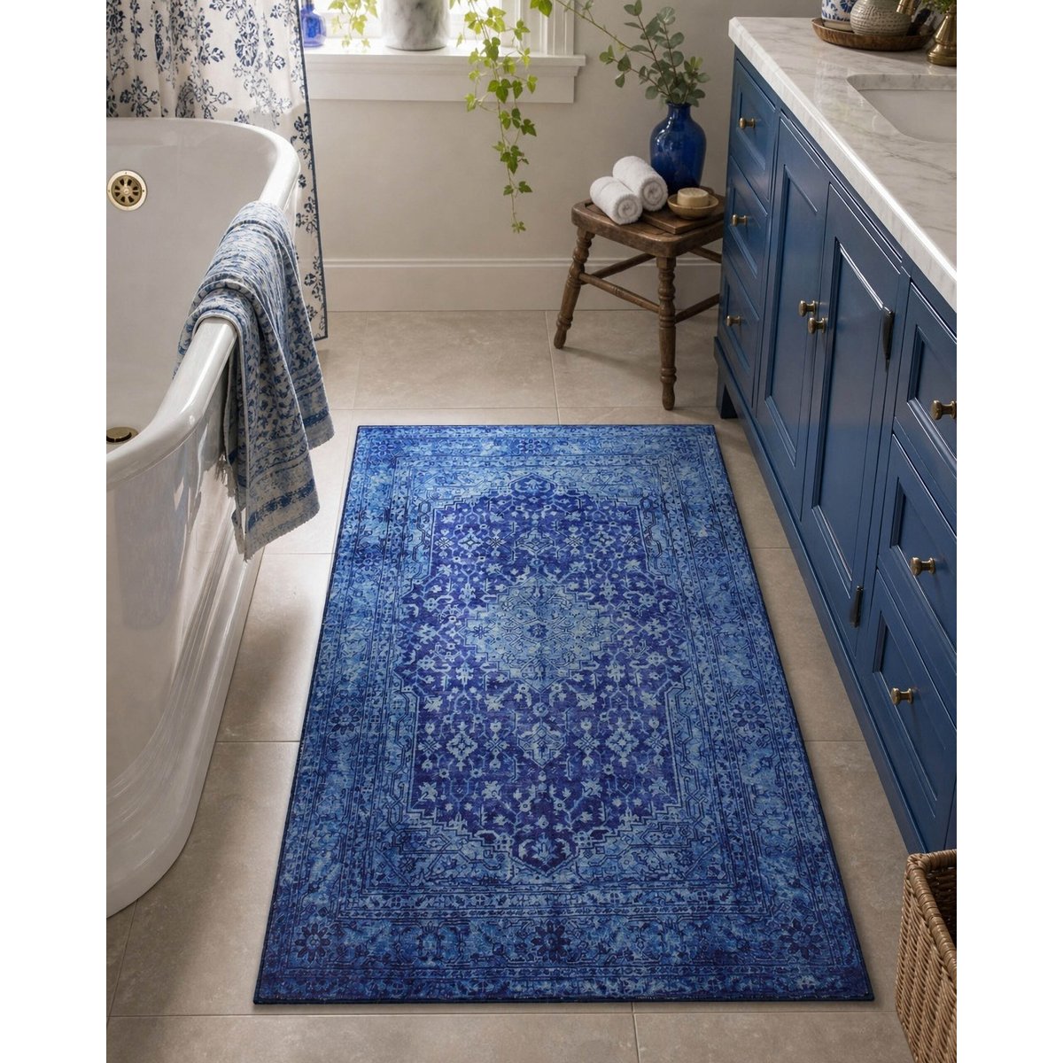 Tapis de bain WECONhome Ralph, design vintage oriental, dos TPE antidérapant, lavable 30 °C, certifié OEKO-TEX® , Ralph bleu multicolore, WECON HOME